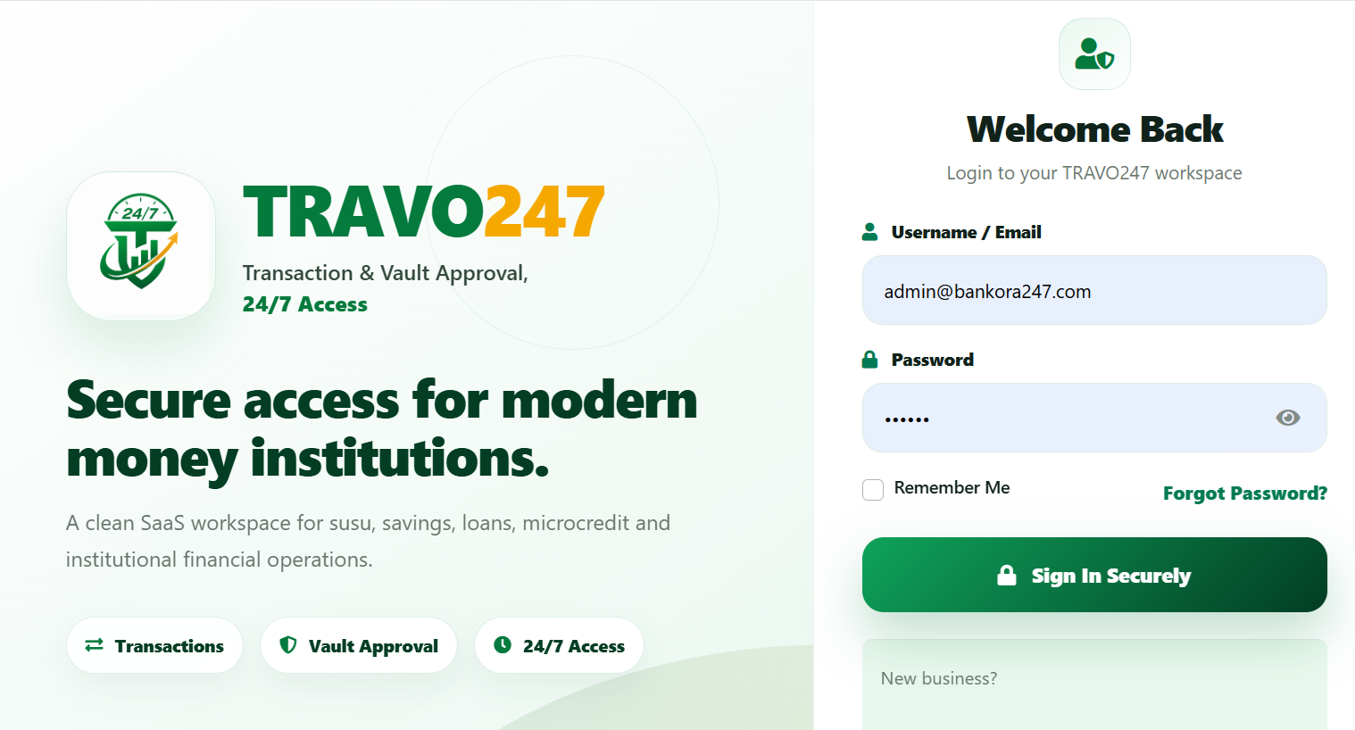 Travo247 secure login screen